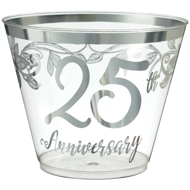 "25th Anniversary" Bordered Trimmed Plastic Reusable Tumbler Cups, Clear/Silver, 9-oz, 30-pk, for Anniversary Party I4G3