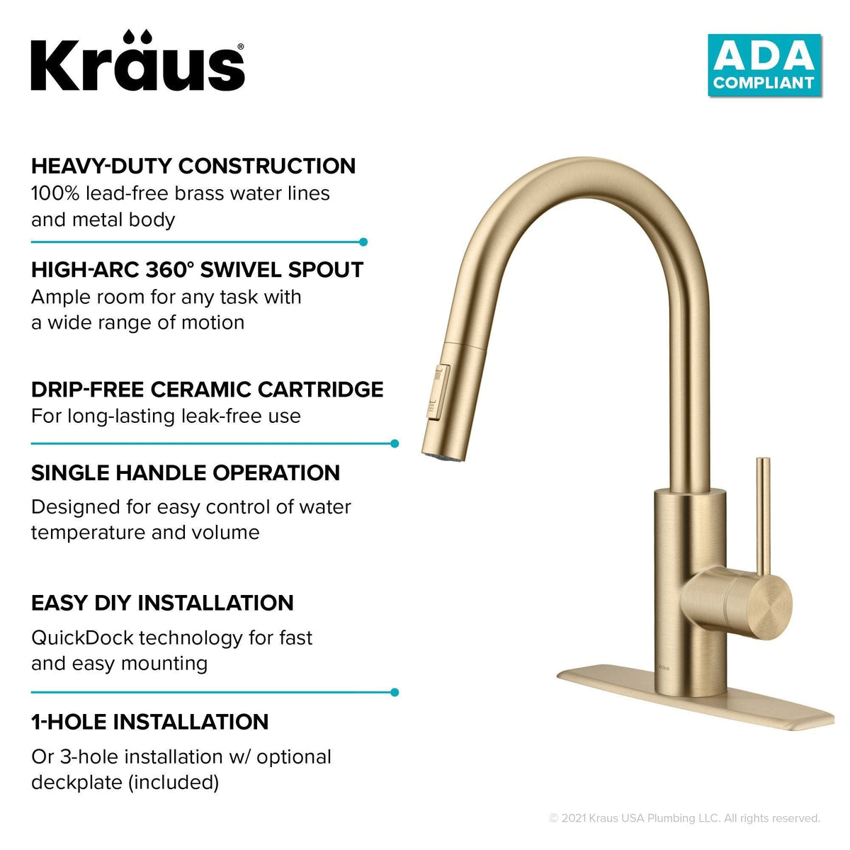 Oletto Pull-Down Single Handle Kitchen Faucet with QuickDock Top Mount Installation Assembly, Spot Free Antique Champagne Bronze K5U8 - product image 8